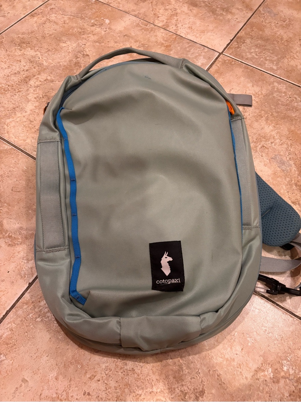 cotopaxi Sage Green Backpack with Blue Trim
